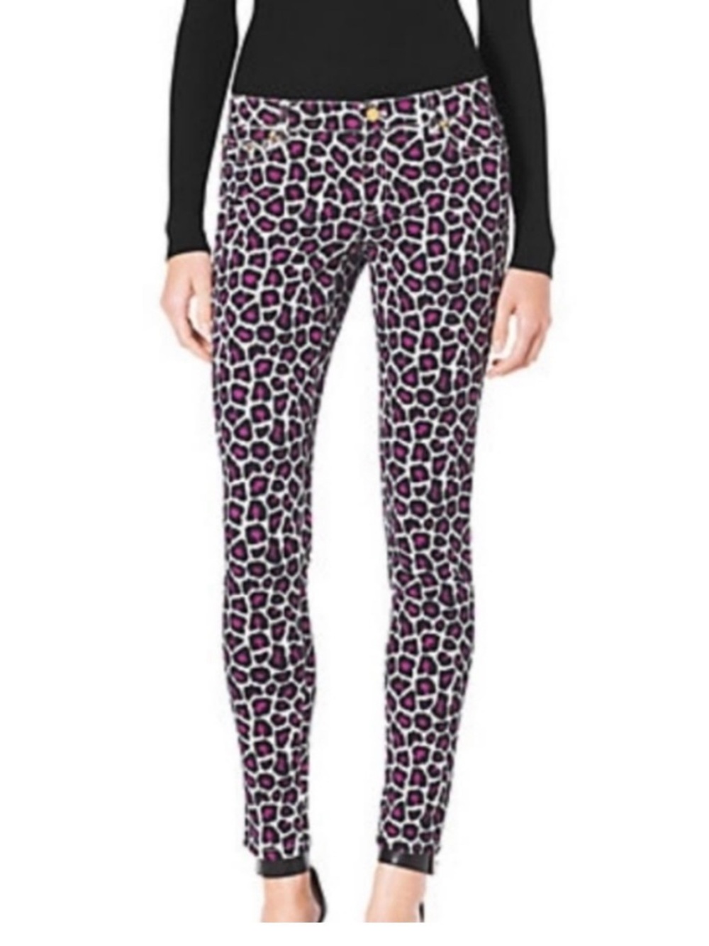 Michael Kors mid rise pink black leopard print stretch tapered pants NWOT size 8 - Picture 2 of 9
